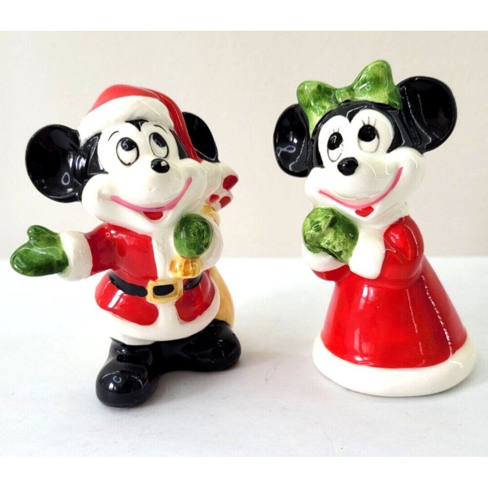 Vintage Disney Salt & Pepper Shakers Mickey & Minnie Mouse Christmas Santa